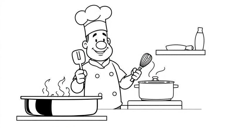Kleurplaat van een vrolijke chef-kok met koksmuts, volle pannen en keukenspullen