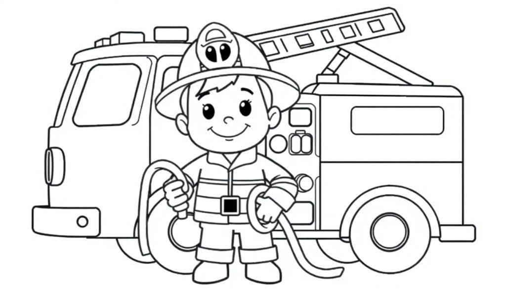 Kleurplaat van een vrolijke brandweerman in een brandweeruniform met helm, die een brandslang vasthoudt voor een brandweerwagen met ladder en wielen.