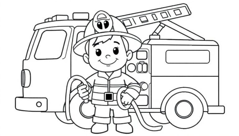 Kleurplaat van een vrolijke brandweerman in een brandweeruniform met helm, die een brandslang vasthoudt voor een brandweerwagen met ladder en wielen.