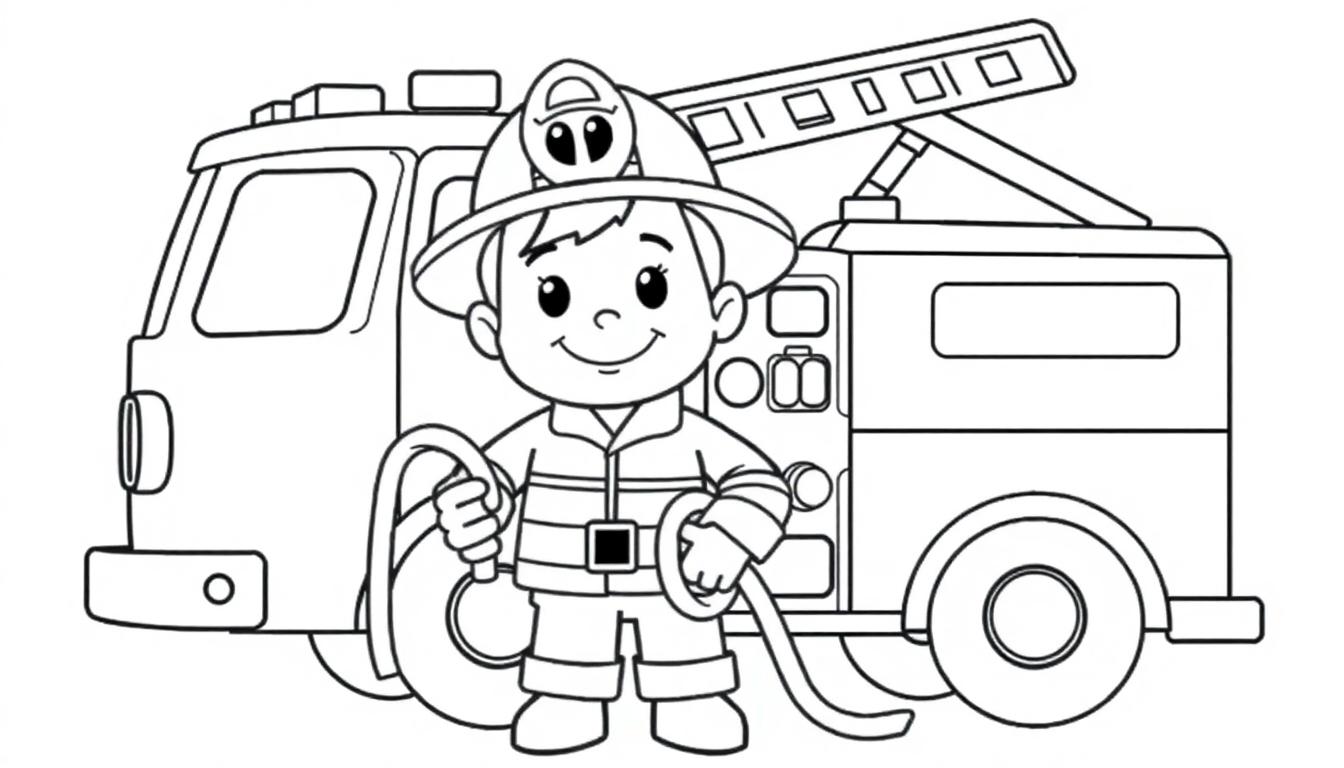 Kleurplaat van een vrolijke brandweerman in een brandweeruniform met helm, die een brandslang vasthoudt voor een brandweerwagen met ladder en wielen.