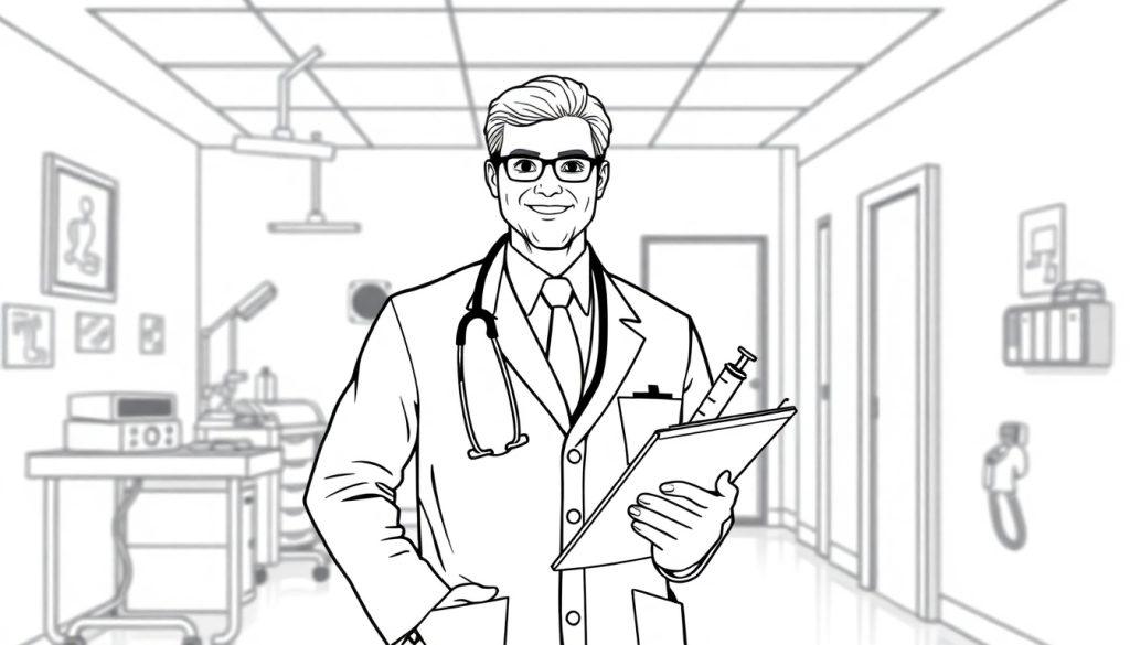 Kleurplaat van een mannelijke arts in een medische omgeving met witte jas, stethoscoop, bril, clipboard en spuit.