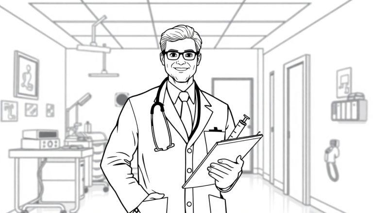 Kleurplaat van een mannelijke arts in een medische omgeving met witte jas, stethoscoop, bril, clipboard en spuit.