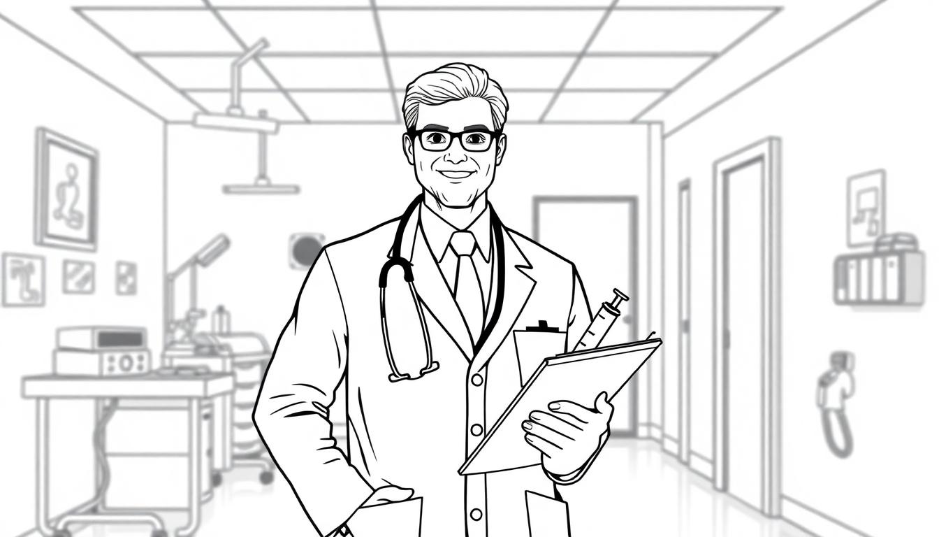 Kleurplaat van een mannelijke arts in een medische omgeving met witte jas, stethoscoop, bril, clipboard en spuit.