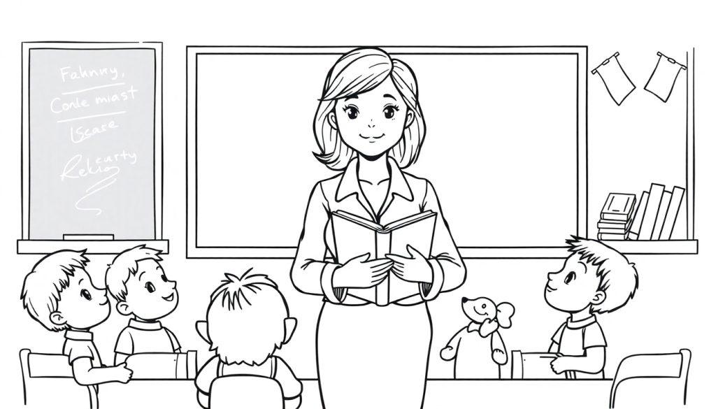 Kleurplaat van een klaslokaal met een lerares die een boek vasthoudt, omringd door vier kinderen die aandachtig luisteren.