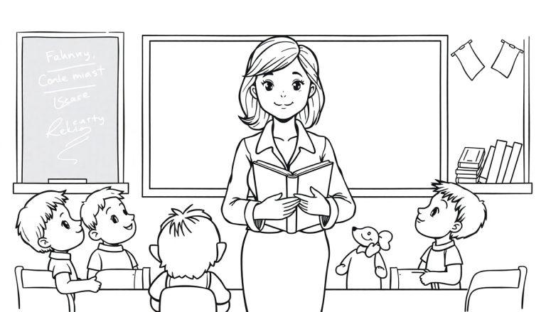 Kleurplaat van een klaslokaal met een lerares die een boek vasthoudt, omringd door vier kinderen die aandachtig luisteren.