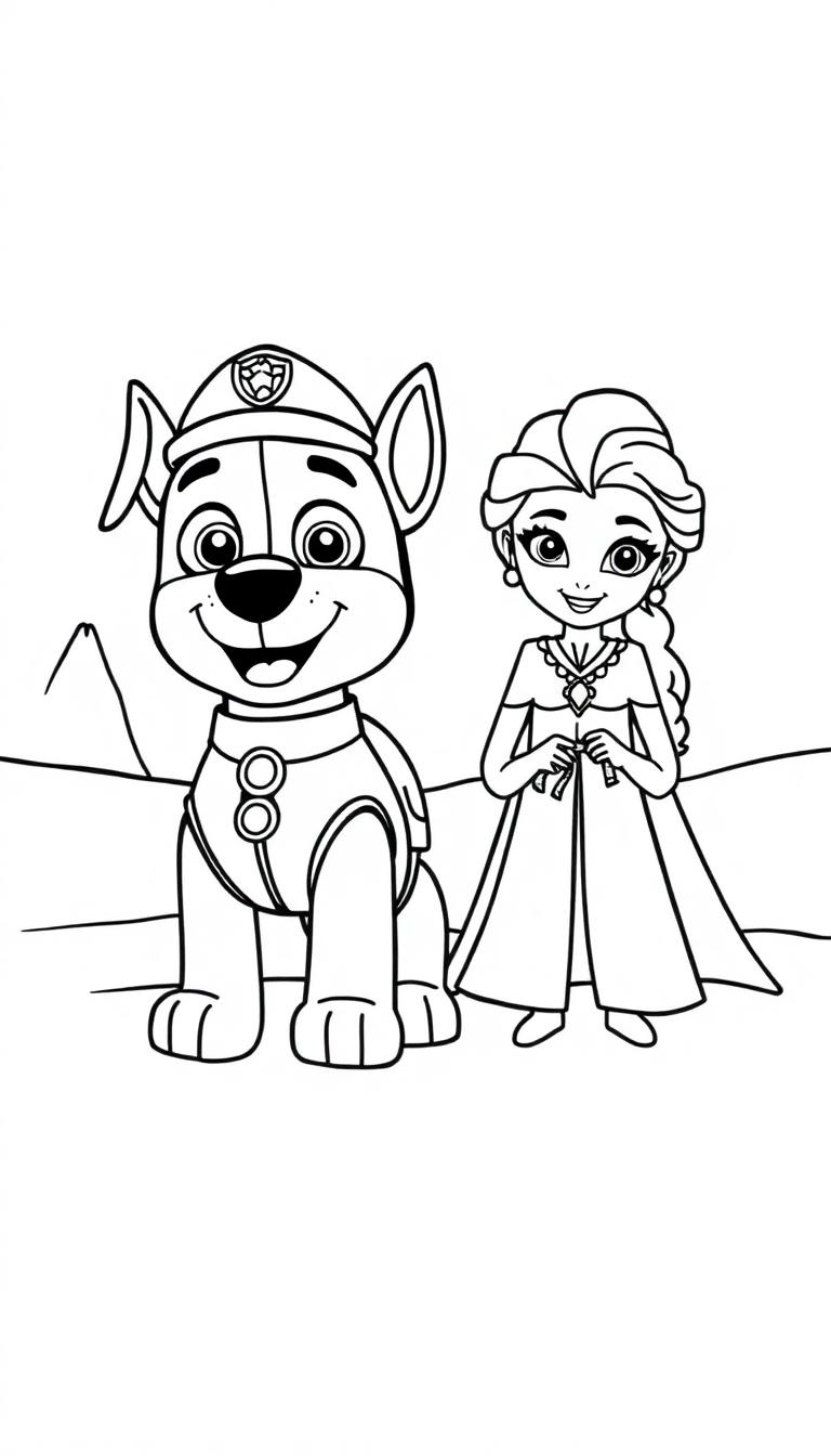 Een kleurplaat met twee vrolijke figuren: een blije hond in een uniform en een elegante vrouw in een jurk, met een landschap op de achtergrond.