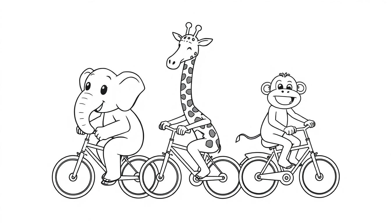 Kleurplaat van een olifant, giraffe en aap op hun fietsen, vrolijk en in eenvoudig zwart-wit ontwerp.