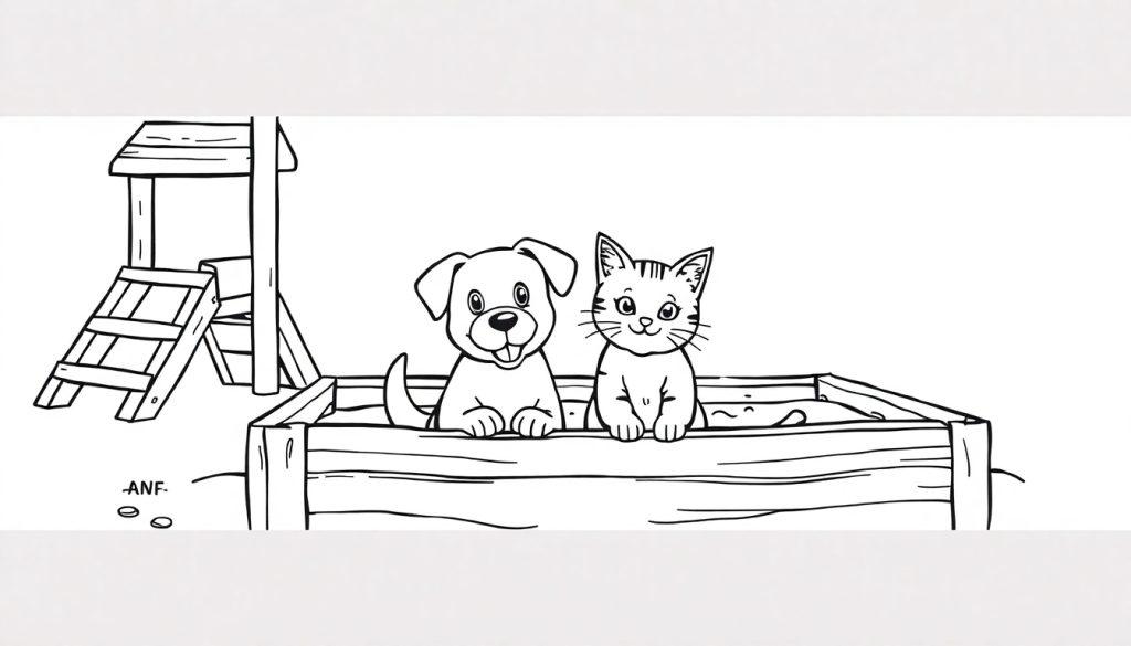 Kinderkleurplaat van een hond en kat in een zandbak met speeltoestel en glijbaan.