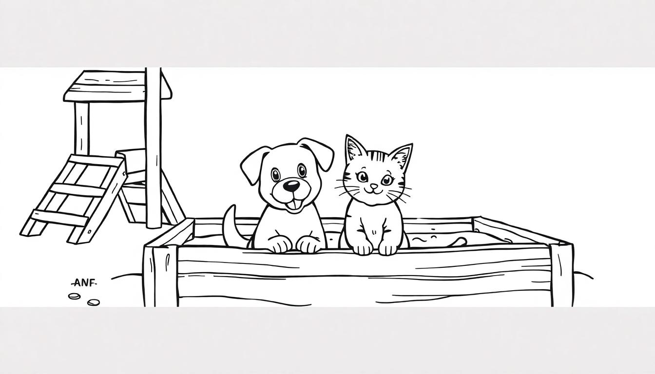 Kinderkleurplaat van een hond en kat in een zandbak met speeltoestel en glijbaan.