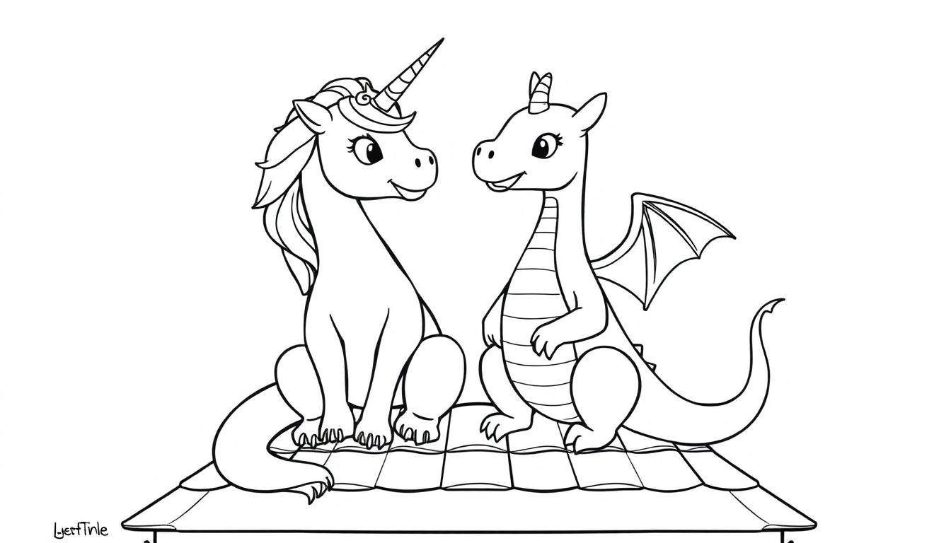 Zwart-wit kleurplaat van een eenhoorn en een draak die samen vrolijk kijken, klaar om ingekleurd te worden.