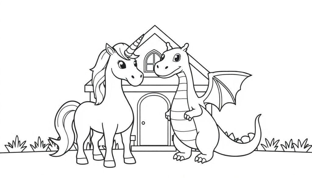 Kleurplaat van een eenhoorn en een draak die samen voor een huis staan, klaar om ingekleurd te worden.