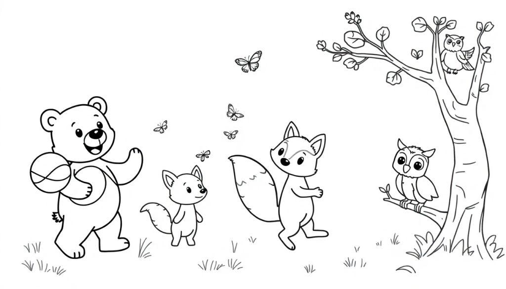Kleurplaat van een vrolijke scène met dieren zoals een beer, vosjes, uilen en vlinders in een bos.