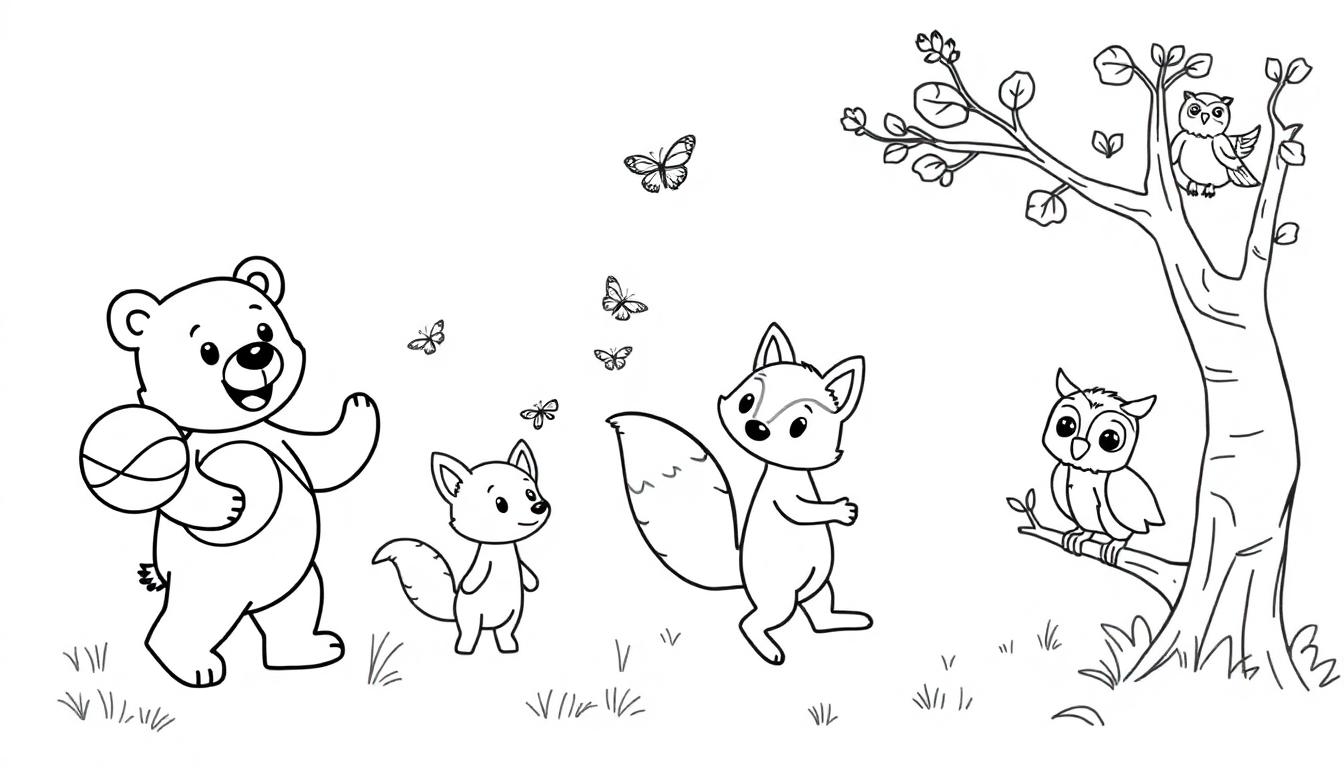 Kleurplaat van een vrolijke scène met dieren zoals een beer, vosjes, uilen en vlinders in een bos.