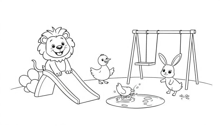 Kleurplaat met dieren in de speeltuin: een leeuw op de glijbaan, eenden in een plas water, en een konijn die kijkt.
