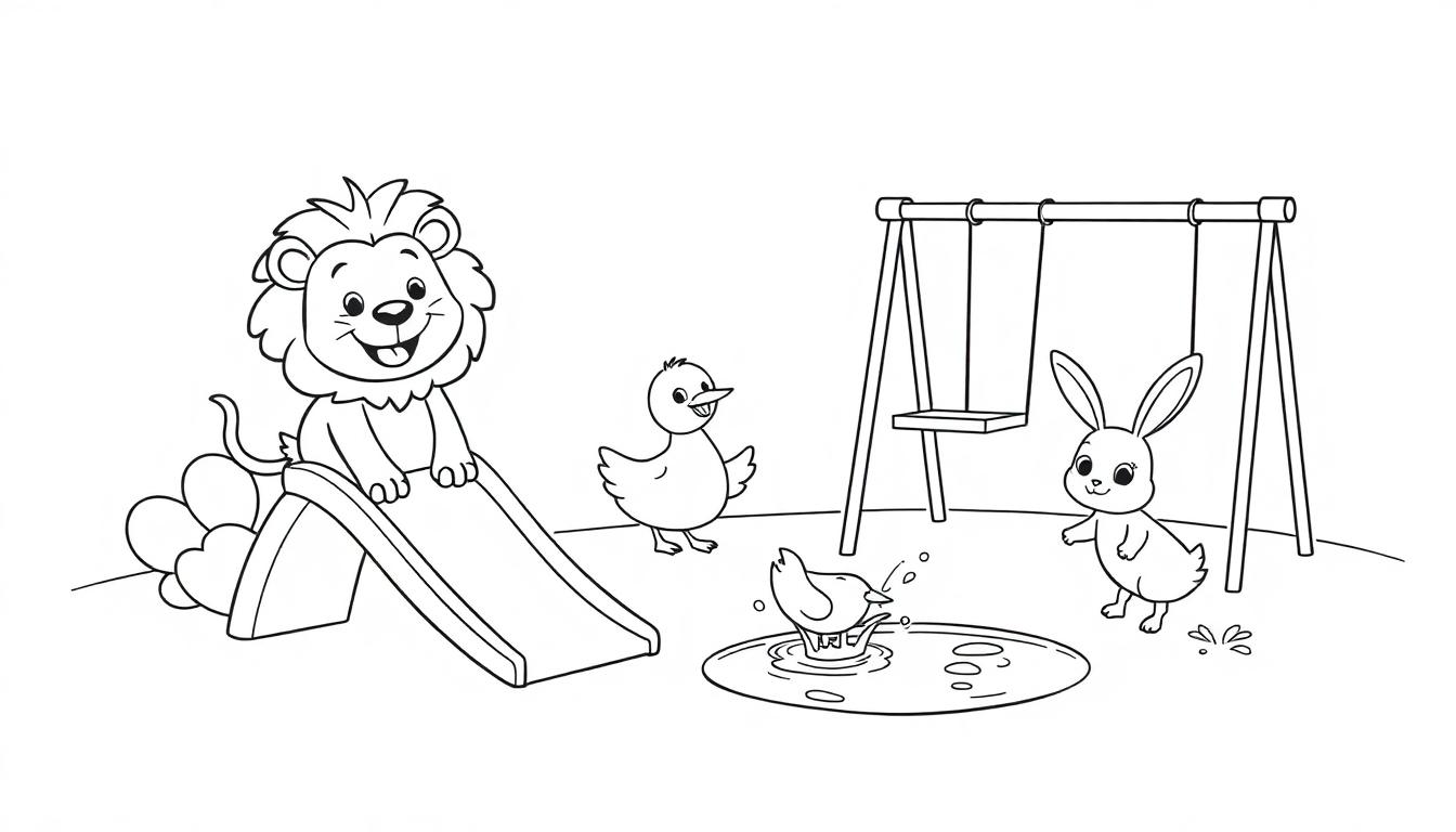Kleurplaat met dieren in de speeltuin: een leeuw op de glijbaan, eenden in een plas water, en een konijn die kijkt.