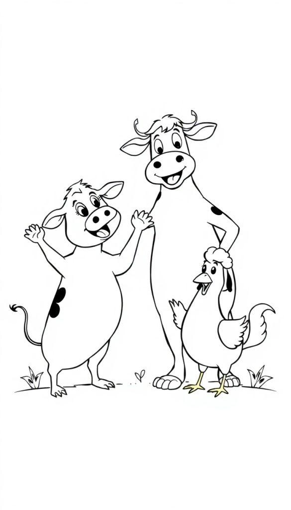 Een kleurplaat van drie blije dieren: een varken, een koe en een kip, op een grasveld met kleine graspollen, allemaal lachend en vrolijk.