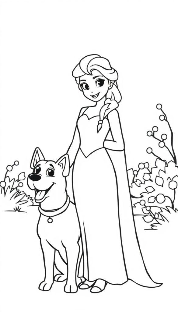 Kleurplaat van een jonge vrouw met een hond in een natuurlijke buitenomgeving