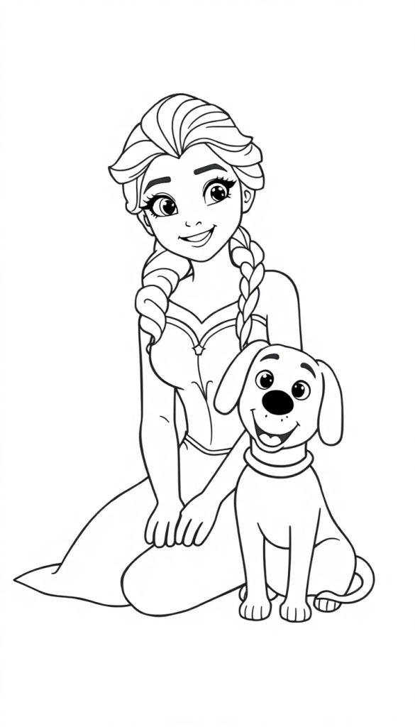 Een kleurplaat van een jongedame met twee vlechten die op de knieën zit, naast haar vrolijke hond met lange oren.