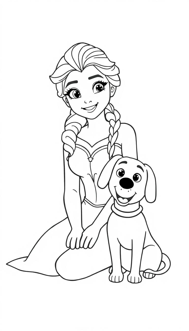 Een kleurplaat van een jongedame met twee vlechten die op de knieën zit, naast haar vrolijke hond met lange oren.