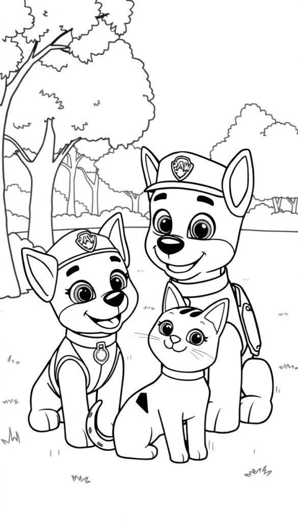 Zwart-wit kleurplaat van twee lachende puppy's met petten en een kat tussen hen, allemaal blij in een buitenomgeving met bomen en gras.