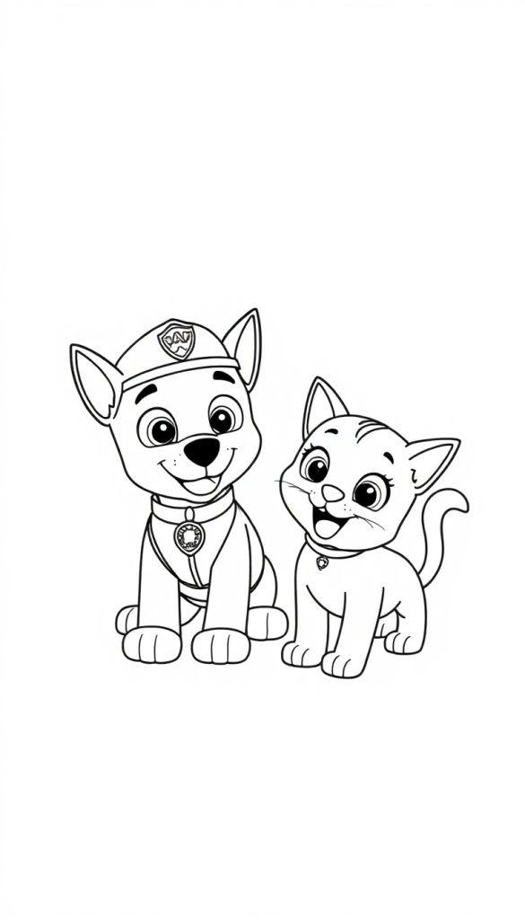 Een kleurplaat van een hond met een pet en een kat met een hangertje, allebei blij en klaar om ingekleurd te worden.