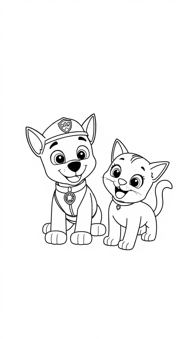 Een kleurplaat van een hond met een pet en een kat met een hangertje, allebei blij en klaar om ingekleurd te worden.