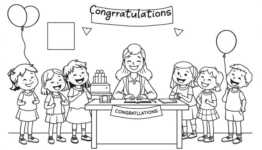 Kleurplaat van een feestelijke scène met een juffrouw Mieke die met kinderen haar pensioen viert, met ballonnen, slinger en cadeautjes.