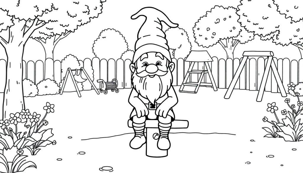 Kleurplaat van een kabouter in een speeltuin met speeltoestellen en bloemen.