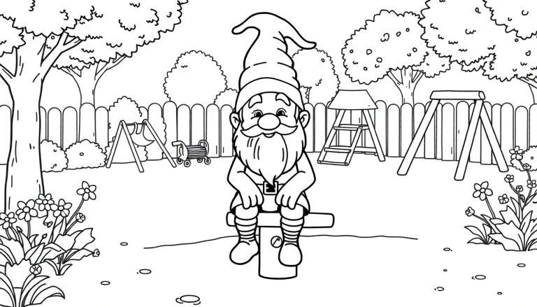 Kleurplaat van een kabouter in een speeltuin met speeltoestellen en bloemen.