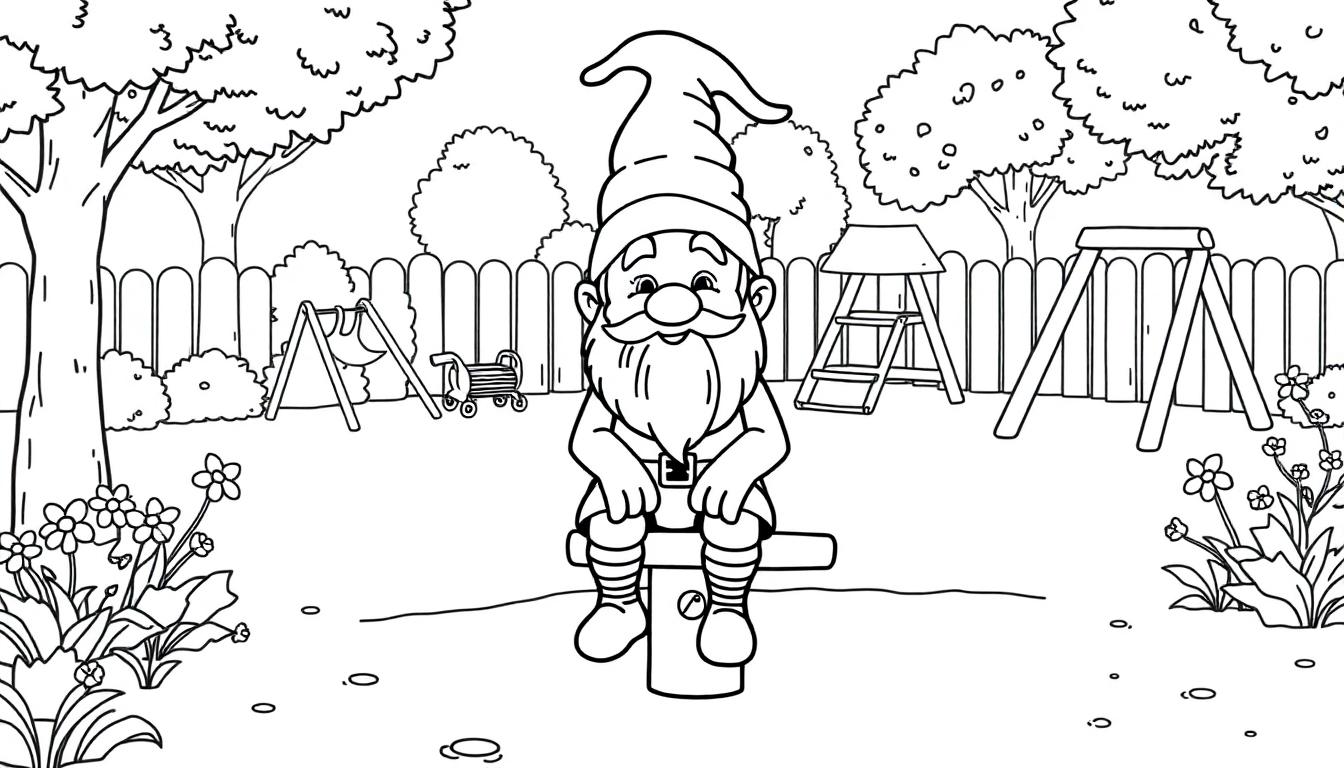 Kleurplaat van een kabouter in een speeltuin met speeltoestellen en bloemen.