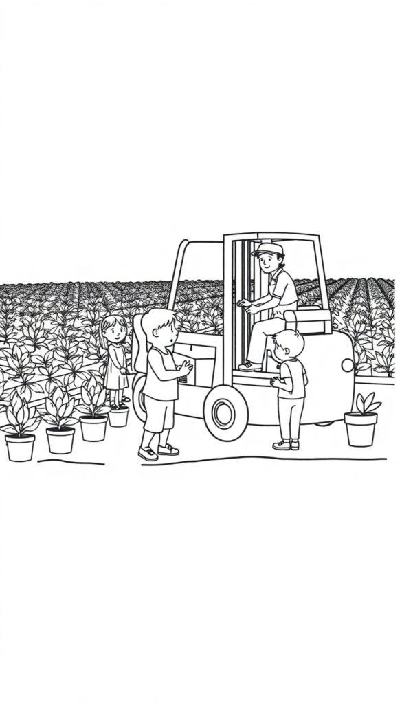 Kleurplaat van een boerderij met mensen, een vorkheftruck en planten in zwart-wit