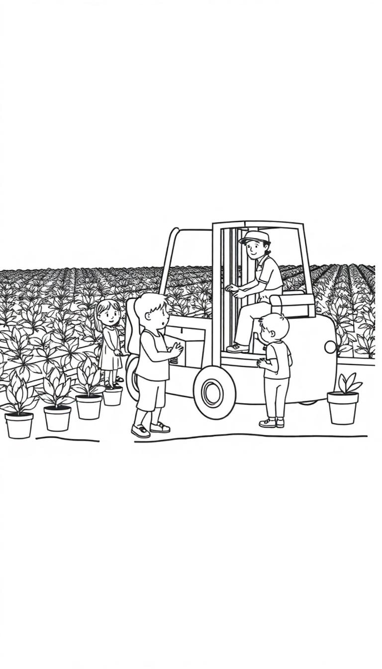 Kleurplaat van een boerderij met mensen, een vorkheftruck en planten in zwart-wit