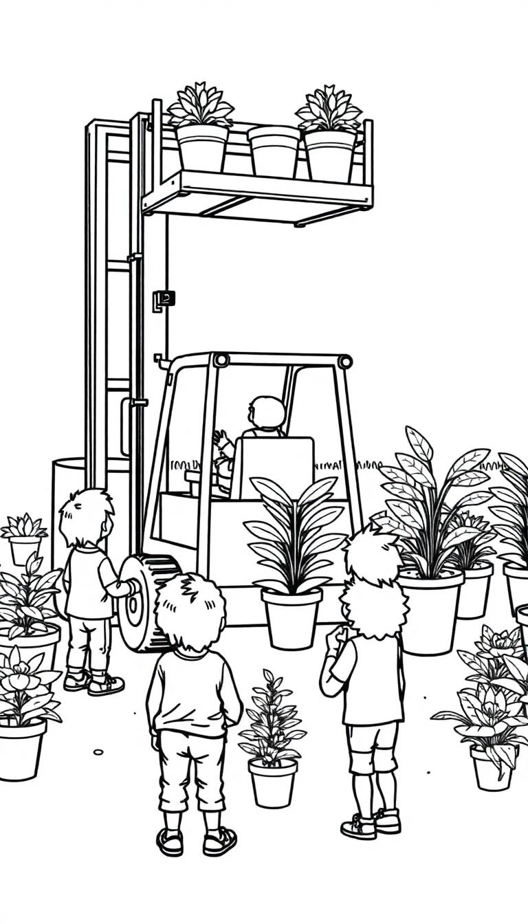 Kleurplaat van een slimme vorkheftruck met een platform vol bloempotten, kinderen die ernaar kijken, in een tuincentrum