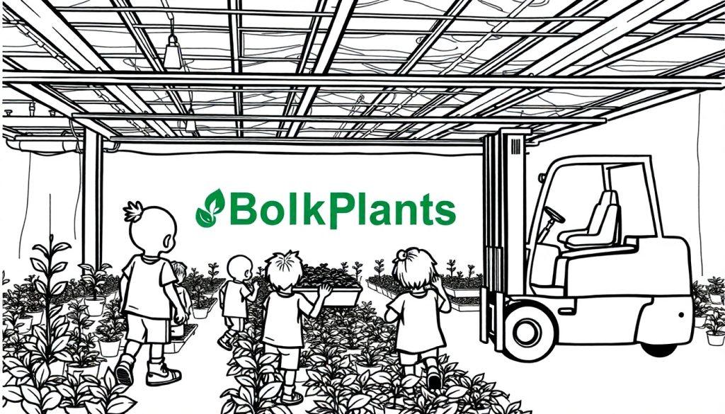 Kleurplaat met kinderen, plantenpotten, een heftruck, en een kas, voorzien van het logo BolkPlants in groene letters met een blad-icoon.
