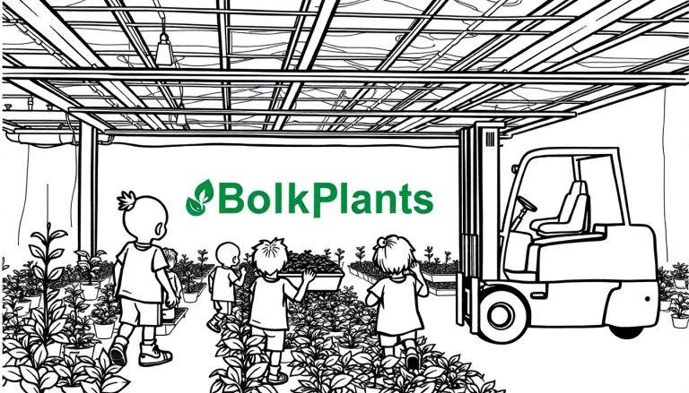 Kleurplaat met kinderen, plantenpotten, een heftruck, en een kas, voorzien van het logo BolkPlants in groene letters met een blad-icoon.