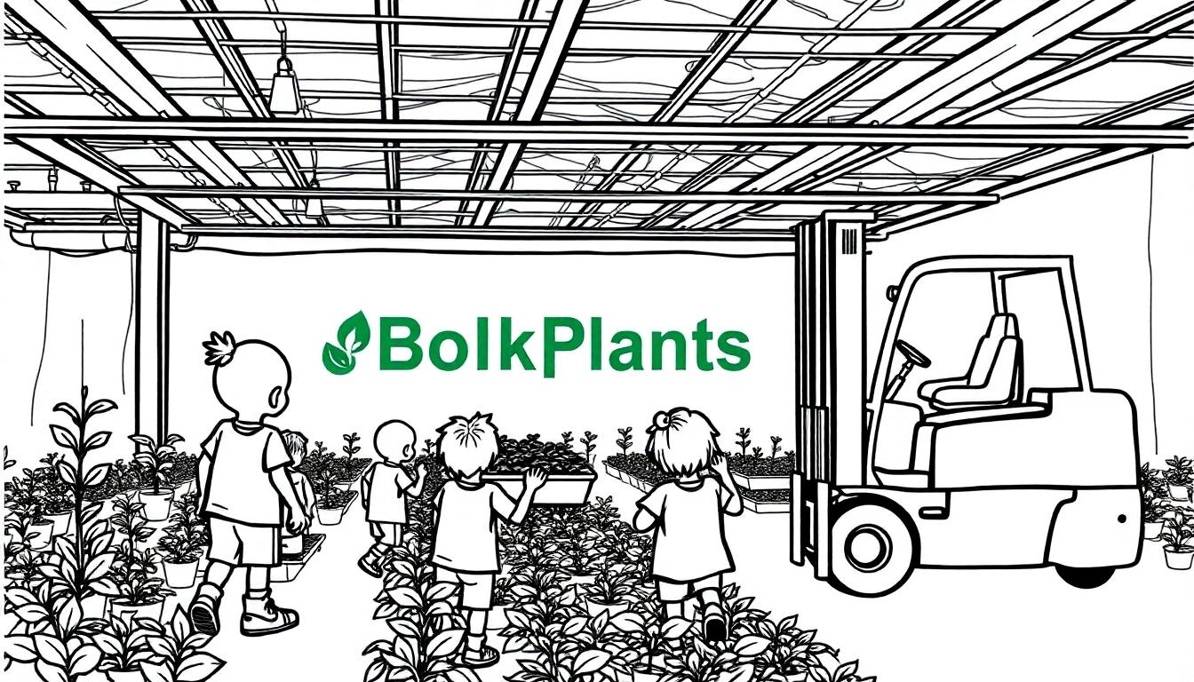 Kleurplaat met kinderen, plantenpotten, een heftruck, en een kas, voorzien van het logo BolkPlants in groene letters met een blad-icoon.