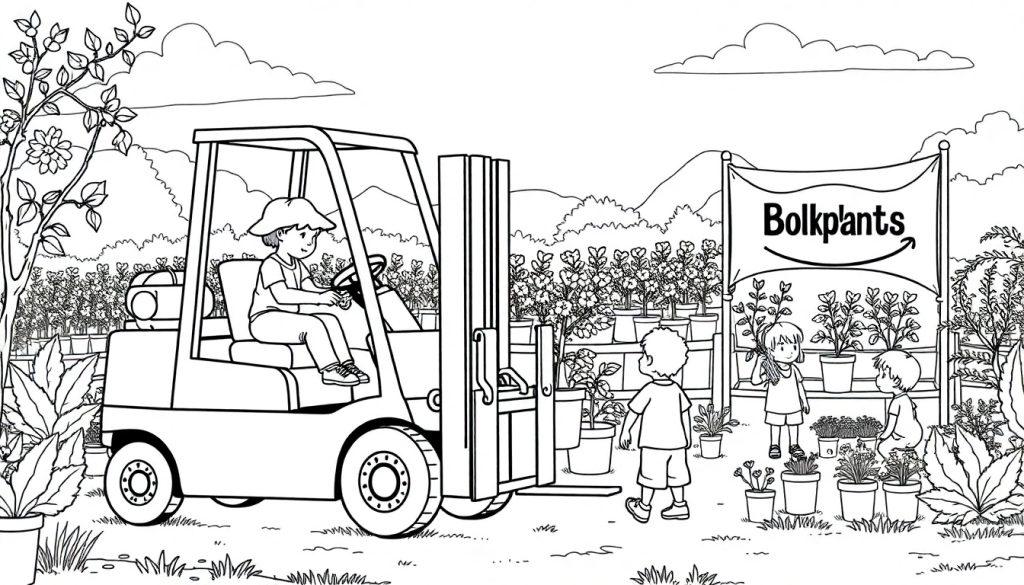 Kleurplaat van een tuincentrum met een persoon op een vorkheftruck, omringd door planten en drie kinderen die tuinieren, met een BolkPlants reclamebord. Een rustige tuinlandschap op de achtergrond.