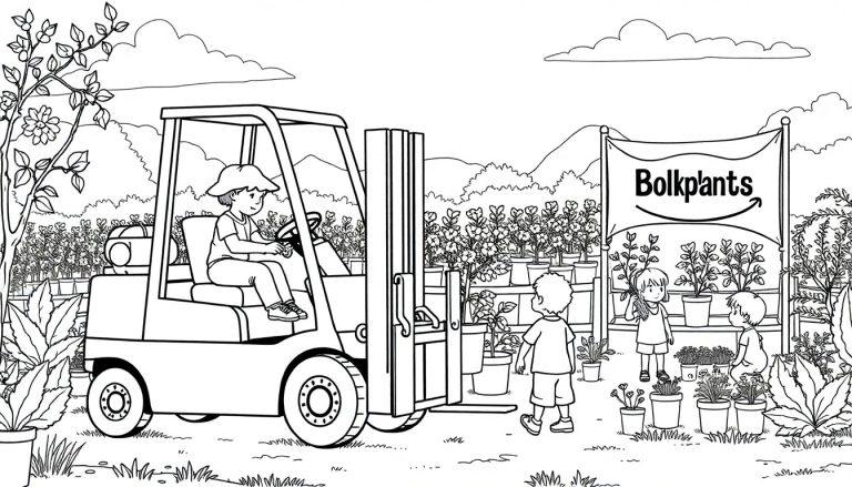 Kleurplaat van een tuincentrum met een persoon op een vorkheftruck, omringd door planten en drie kinderen die tuinieren, met een BolkPlants reclamebord. Een rustige tuinlandschap op de achtergrond.