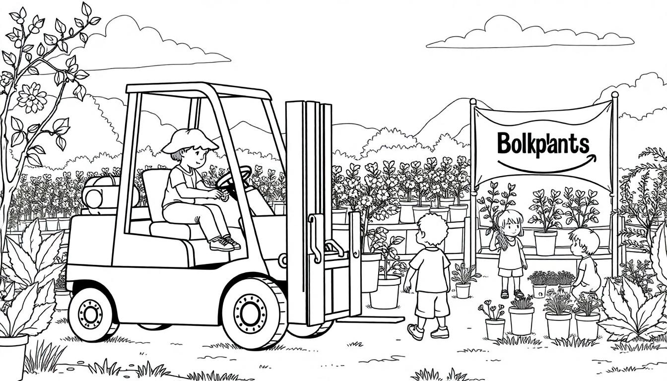 Kleurplaat van een tuincentrum met een persoon op een vorkheftruck, omringd door planten en drie kinderen die tuinieren, met een BolkPlants reclamebord. Een rustige tuinlandschap op de achtergrond.