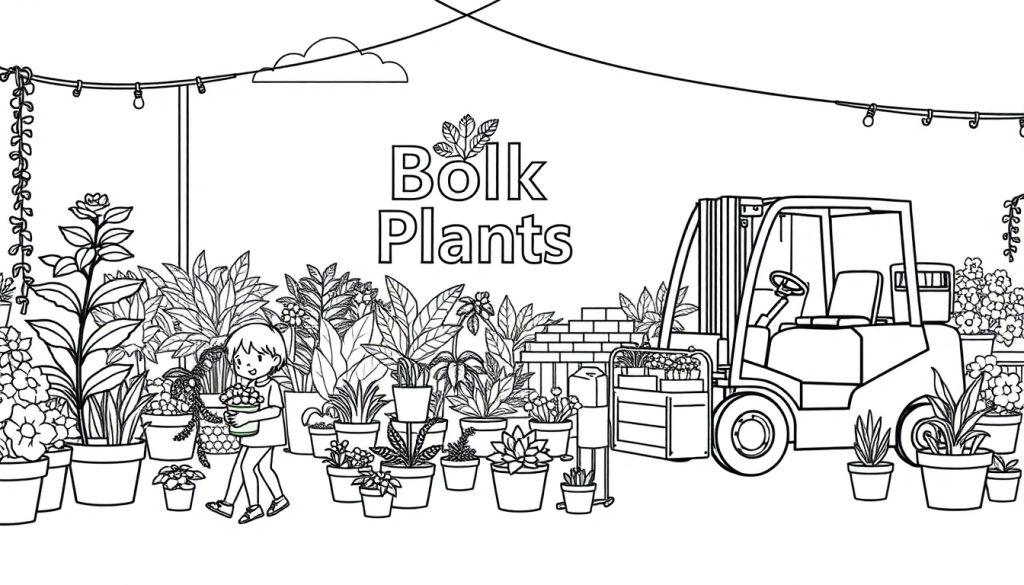 Kleurplaat van een tuin met potplanten, een kind met een bloempot, en een vorkheftruck onder een kleurrijk logo Bolk Plants.