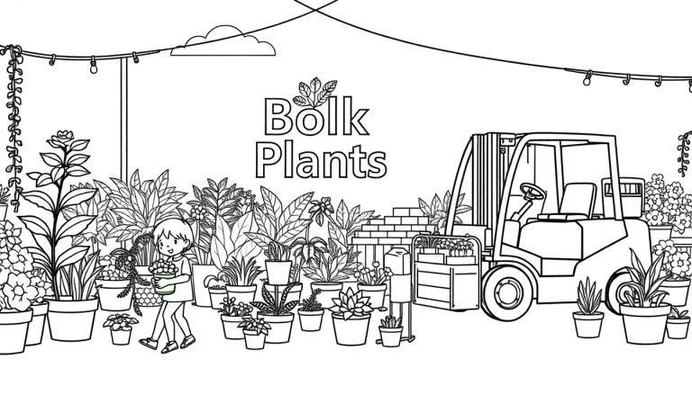 Kleurplaat van een tuin met potplanten, een kind met een bloempot, en een vorkheftruck onder een kleurrijk logo Bolk Plants.