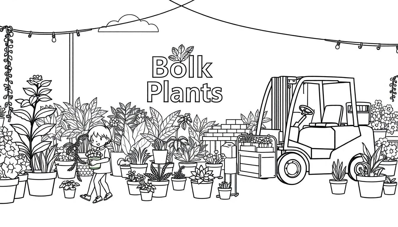 Kleurplaat van een tuin met potplanten, een kind met een bloempot, en een vorkheftruck onder een kleurrijk logo Bolk Plants.