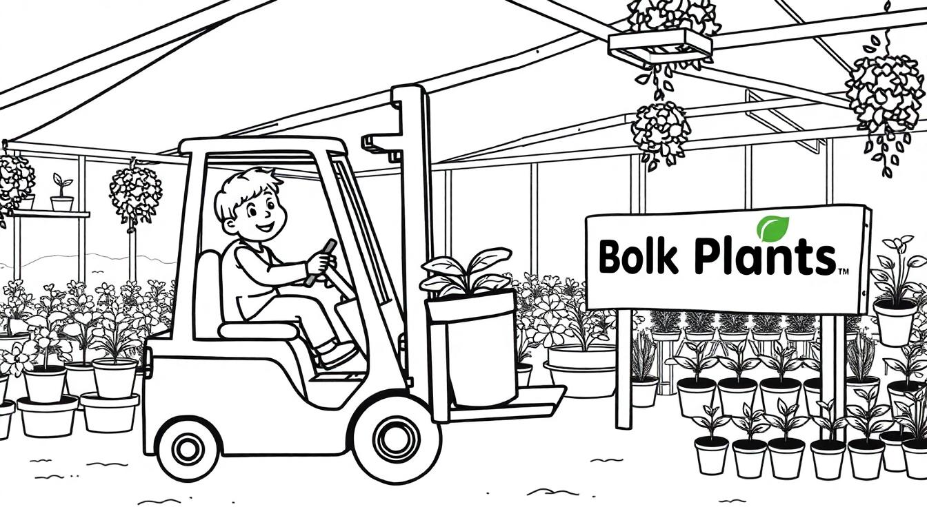 Kleurplaat van een plantenwinkel met kinderen, waarvan een jongen op een heftruck een grote potplant vervoert en overal planten hangen en staan