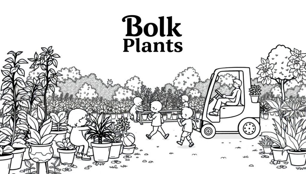 Kleurplaat van een tuincentrum met kinderen die planten verzorgen, mensen dragen planken met planten en een vorkheftruck met een plant erop