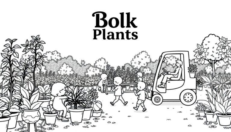 Kleurplaat van een tuincentrum met kinderen die planten verzorgen, mensen dragen planken met planten en een vorkheftruck met een plant erop