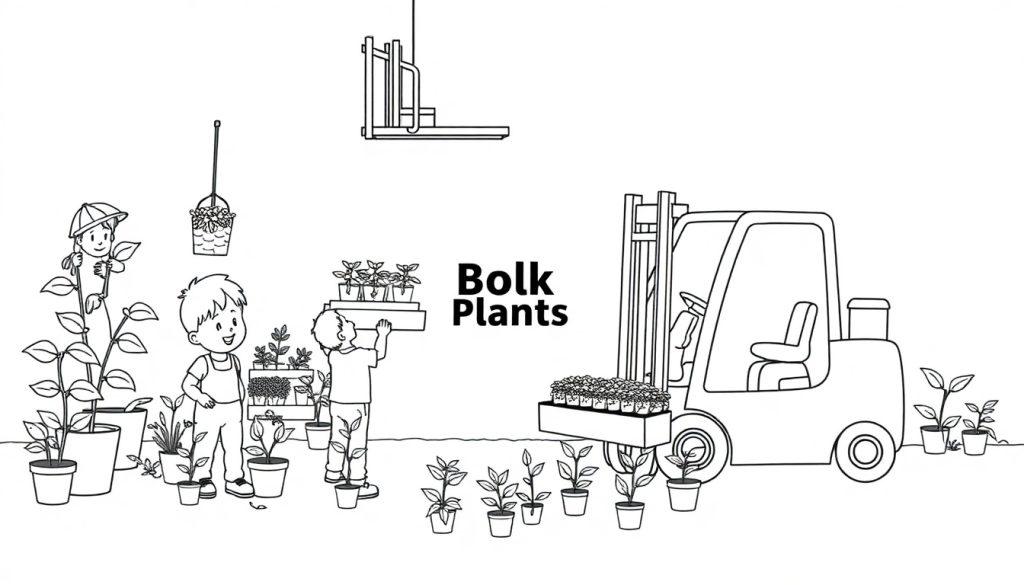 Kleurplaat: Een vrolijke zwart-wit scène met kinderen die planten verzorgen, een heftruck met planten, en een plantenmand, allemaal rondom het logo Bolk Plants.