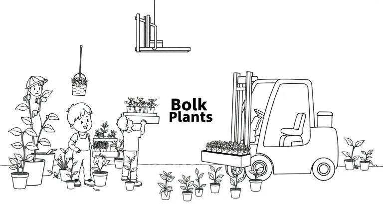 Kleurplaat: Een vrolijke zwart-wit scène met kinderen die planten verzorgen, een heftruck met planten, en een plantenmand, allemaal rondom het logo Bolk Plants.