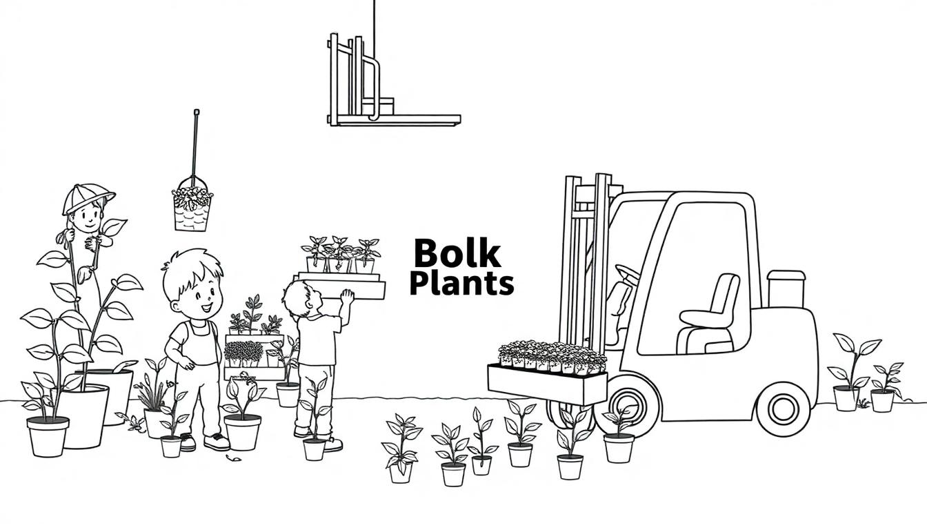 Kleurplaat: Een vrolijke zwart-wit scène met kinderen die planten verzorgen, een heftruck met planten, en een plantenmand, allemaal rondom het logo Bolk Plants.