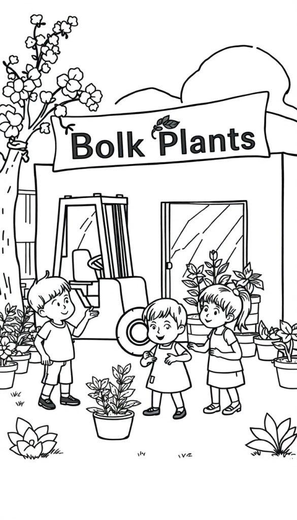 Kleurenplaat van een plantenkwekerij met kinderen die naar planten kijken, naast een heftruck en een gebouw met grote ramen, met het logo Bolk Plants op het dak.