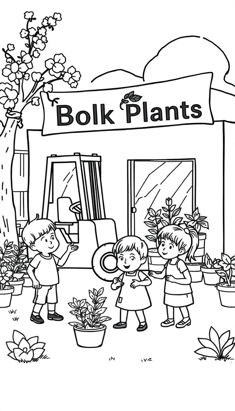 Kleurenplaat van een plantenkwekerij met kinderen die naar planten kijken, naast een heftruck en een gebouw met grote ramen, met het logo Bolk Plants op het dak.